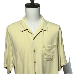 Tommy Bahama Shirt Mens XL Yellow 100% Silk Button Up Short Sleeve Beachy